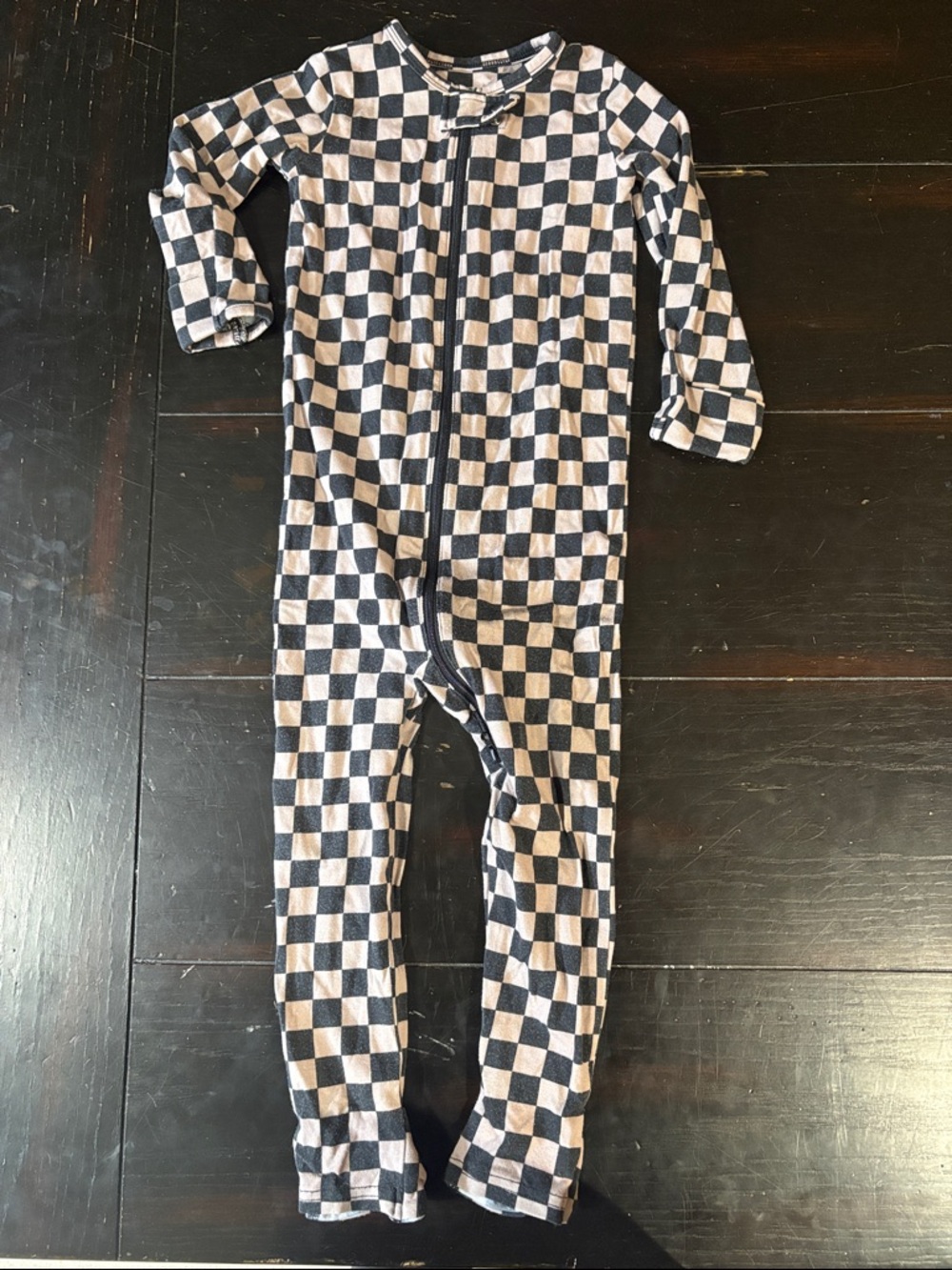 Kids Navy & White Checkerboard Zip One-Piece Pajama